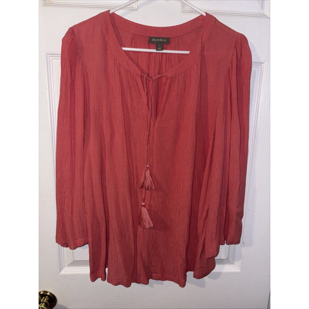 Style & Co Henley Top Sz L Coral Pink Boho